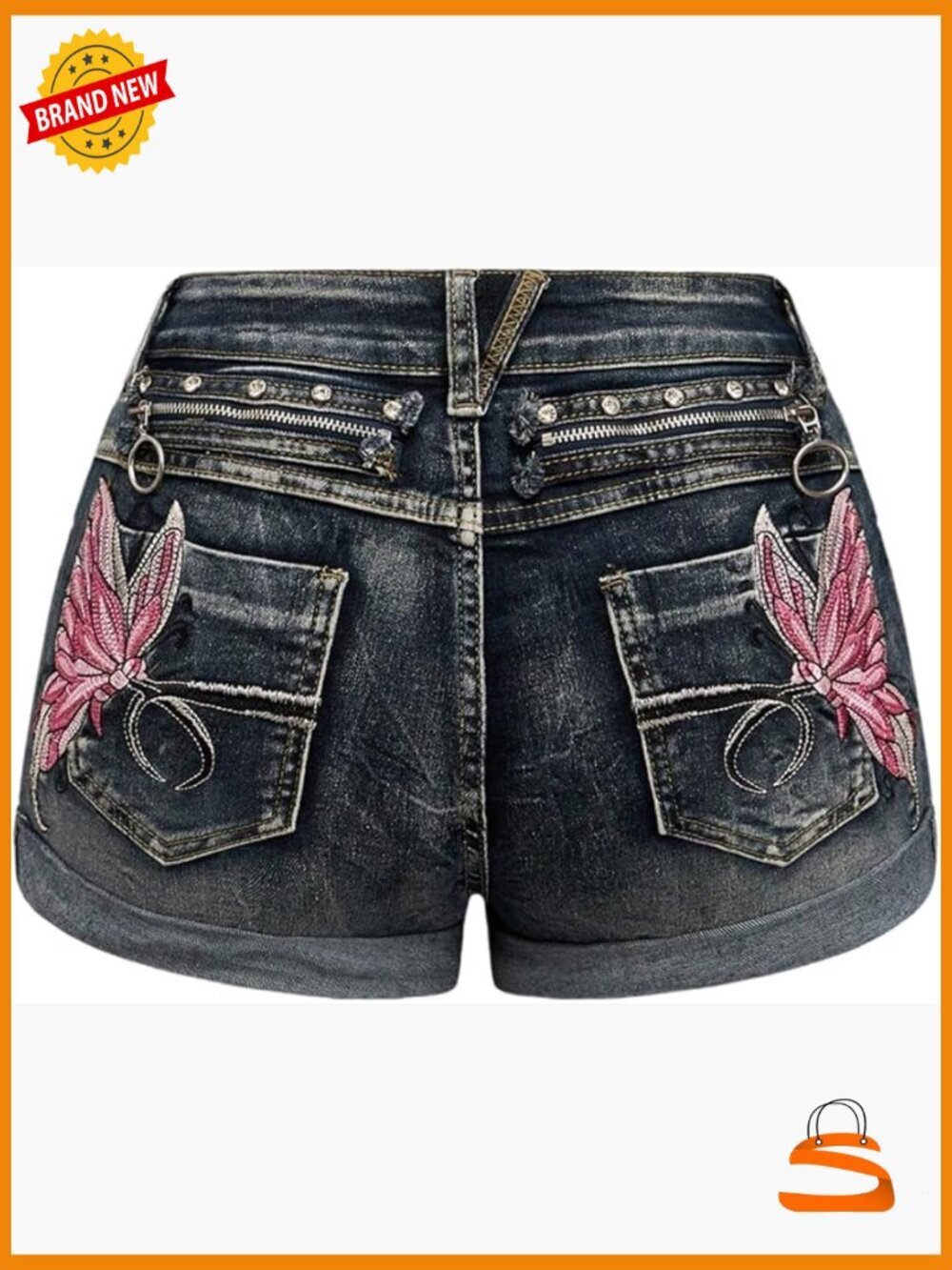 Y2K Butterfly Embroidery Distressed Low Rise Mini Jean Shorts